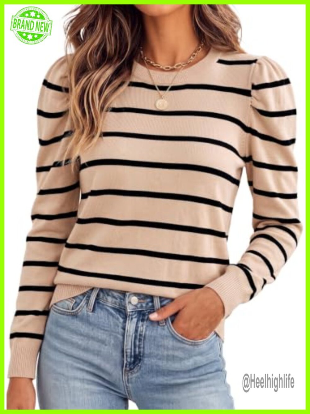 Wool Blend Puff Sleeve Crewneck Pullover Sweater Lightweight Fall Top